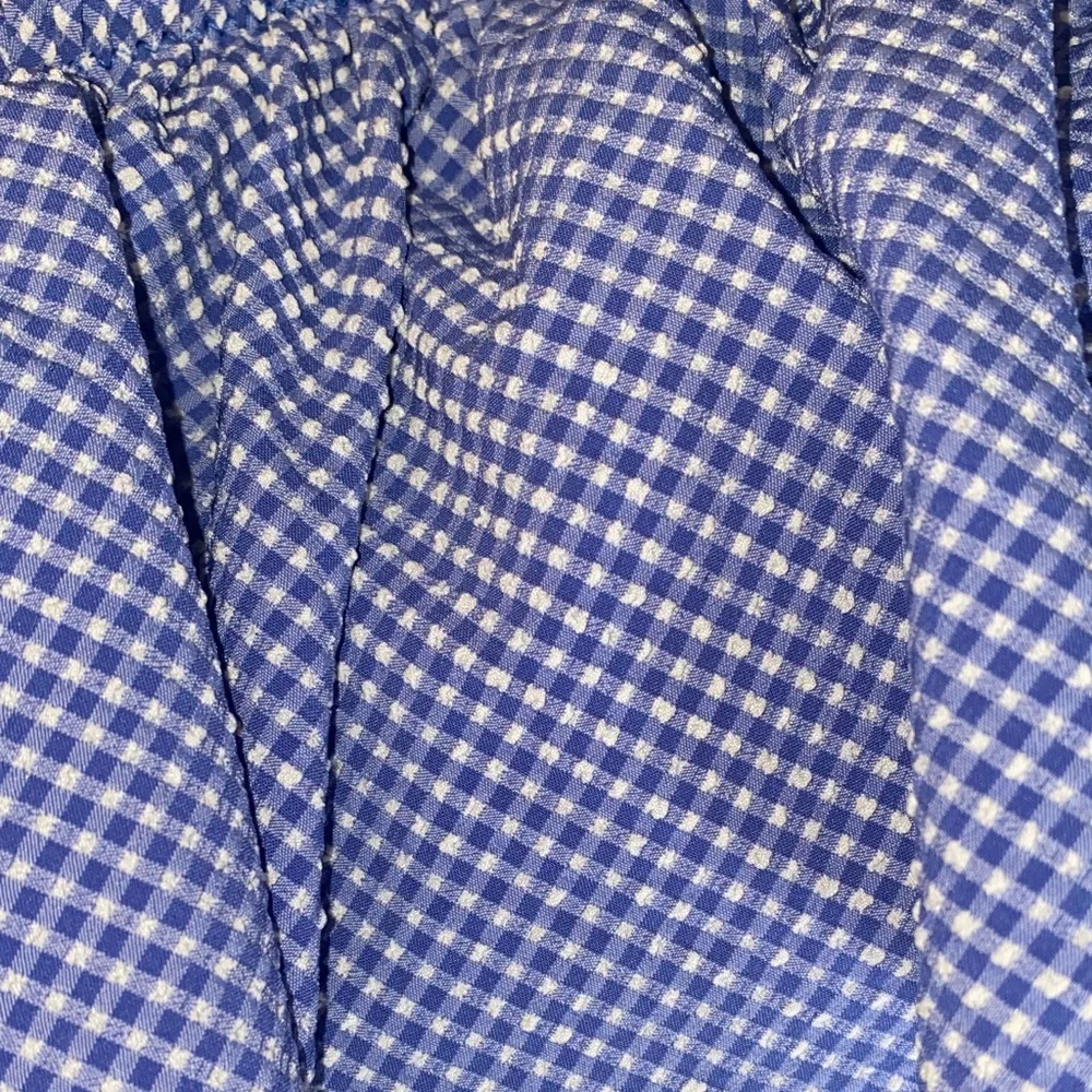J. Crew Blue & White Ruffle bandeau bikini top in tiny gingham. Size XL.